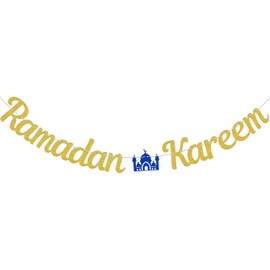 Celebration Banner for Ramadan Kareem, Umrah Mubarak Decoration for Islamic Muslim, Ramadan Kareem Banner, Ramadan Decorations for Home Supplies Gold Glitter