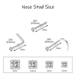 PEAKLINK 20G Nose Studs 20G Sleeper Earrings Nose Rings Silver Nose Jewelry 6 PCS Nostril Ring Titanium Nose Piercing Tragus Cartilage Studs Monroe Medusa Studs Helix Conch Studs with 3mm CZ