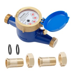 Solimeta Water Meter, Cold Water Meter for Garden and Home, 3/4"NPT Couplings, Measuring in Cubic Meter