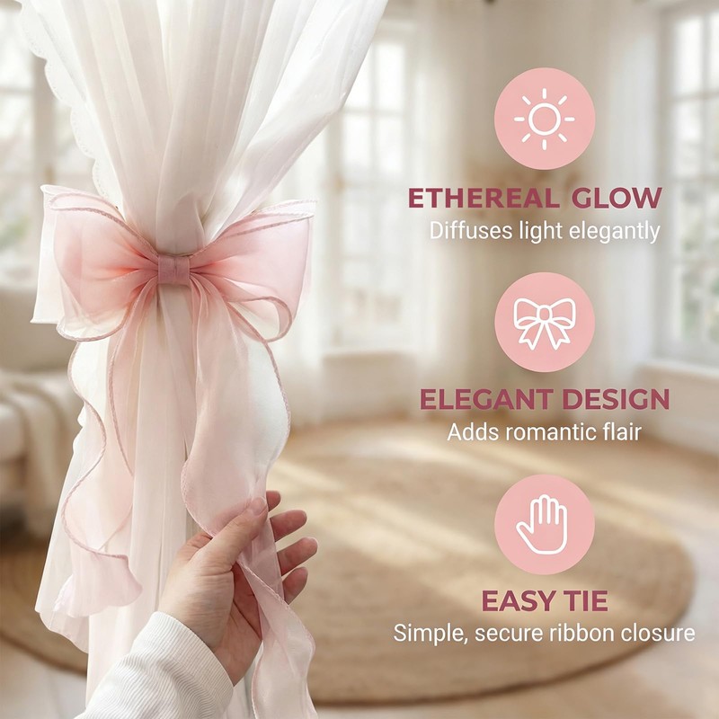 PASDUCHAS 4 Pack French Silky Bow Curtain Tiebacks, Pink Ribbon