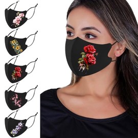 OMG Decor Reusable Cloth Face Mask,Washable Ice Silk Cloth Face Masks,Adjustable Fancy Flower Pattern Cloth Mask for Adult,Pack of 5,N4