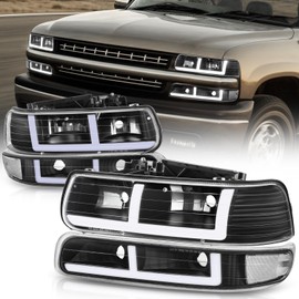 Auto Dynasty LED DRL Headlights Assembly compatible with 1999-2006 Chevy Silverado 1500 2500 3500 HD Tahoe, Driver Passenger Side Halogen Headlamps Replacement w/F-Style Running Light, Black/Clear