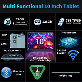 Relndoo 2025 Android 15 Tablet with Keyboard, 24GB+128GB+2TB Expand, 10.1 Inch Octa-Core 2-in-1 Tablets with 5G/2.4G WiFi, 8000mAh, BT5.0, GMS Certified, with Mouse, Case, Stylus, Split Screen(Green)