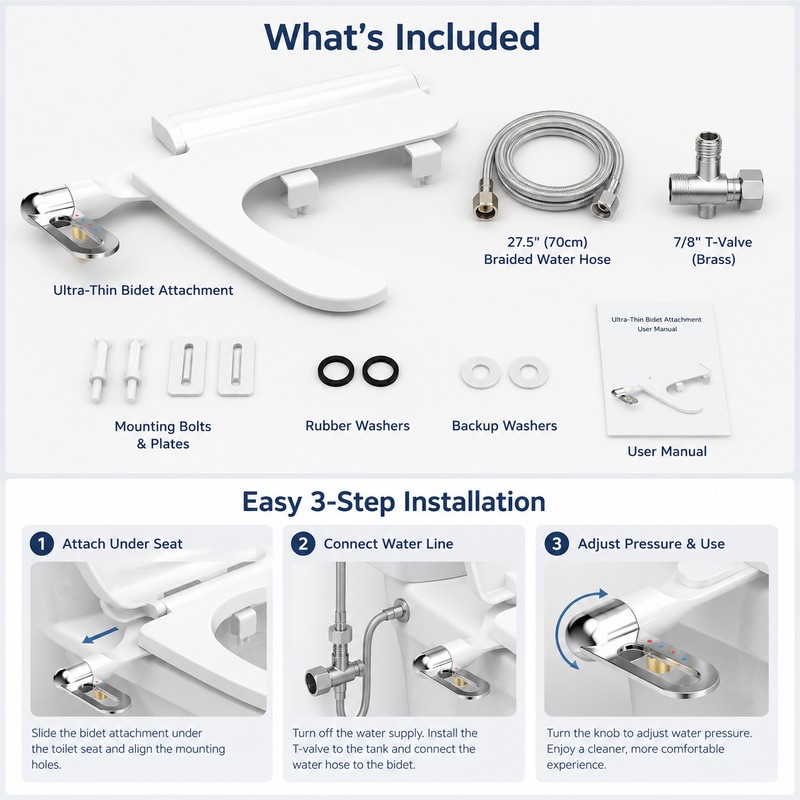 Ultra-Slim Bidet Attachment for Toilet Seats – Non-Electric Dual Nozzle