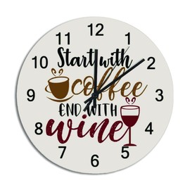Silent Non-Ticking Wooden Wall Clocks,Start with Coffee End with Wine Round Wall Clocks Battery Operated Vintage Country Style Home Decor 12" Made in USA