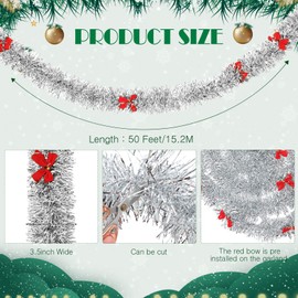 Yilloog Guirnalda Navideña de Oropel de 50 Pies con 38 Lazos Rojos Guirnalda Metálica de Exterior de Navidad Guirnalda Colgante de Decoraciones Coronas de Oropel Vintage (Plata)