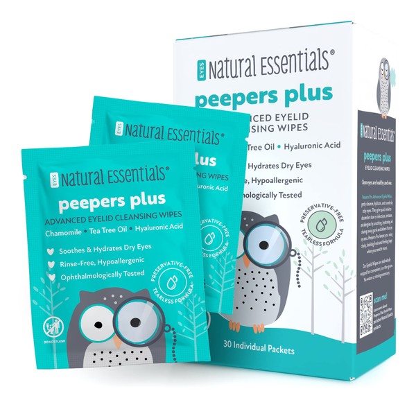 Peepers Plus Advanced Eyelid Wipes by Natural Essentials, Eyelash & Eye Wipes for Daily Use, Hydrating & Moisturizing Hyaluronic Acid & Tea Tree Oil Soothes Allergy Conditions, Red Eyes, Dry Eyes, Blepharitis & Conjunctivitis, 30 Count