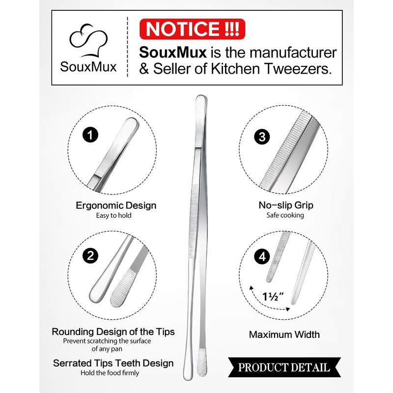 2 Pcs 25.5cm Cooking Tweezers Tongs Precision Serrated Tips, Stainless