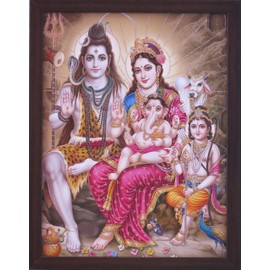 SANVIKA Lord Shiva Wall Poster, Indian God Wall Decor, Shiv Parvati Photo Framed For Home Office, Hindu God Photos With Frames, (Shiva, Ganesha, Parvati, & Kartikeden in Himalayas, 12" x 9")