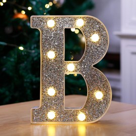 TEHIBIEN Marquee Light Up Letters, Glitter Silver LED Letter Lights Battery Powered Alphabet Letter Sign for Night Light Wedding Birthday Party Cafe Bar Decoration Girls Room Decor - Letter B