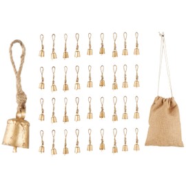 Deco 79 Metal Indoor Outdoor Decorative Bells Tibetan Inspired Meditation Bell with Brown Jute Rope and Canvas Drawstring Tote, Set of 36 Cow Bell6 1" W, 1" H, Gold