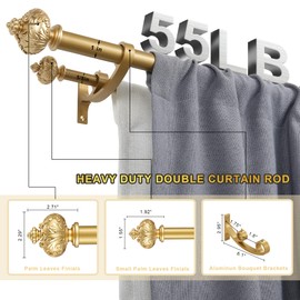 Lwiiom Heavy Duty Double Curtain Rod with Palm Leaves Finials and Aluminum Bouquet Brackets,Double Curtain Rods for Windows 72 to 144 Inches,1 Inch Front, 5/8 Inch Back Adjustable Double Rods,Gold