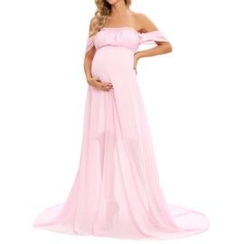 ZIUMUDY Maternity Off Shoulder Chiffon Dress Maxi Gown for Photoshoot Photography Baby Shower Dress (Pink, Medium)