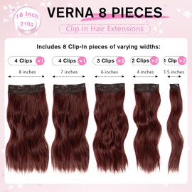 Hair Extensions Clip Ins, 16 Inch 8PCS Red Curly Clip in Hair Extensions Wavy, Synthetic Hairpieces for Women, Invisible Lace Weft Hair Extension