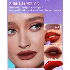 Matte Gloss Two-Tone Lipstick Rose Velvet Cream Lip Stain, Long-Lasting Waterproof Lip Gloss Lip Care, Easy to Use, Vegan Lipstick Lip Tint Makeup for Christmas-08