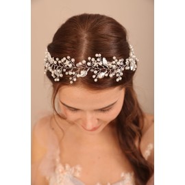 BERYUAN Women Silver Leaf Crystal Flowers Pearls Hair Vine Pearls Crystal Rhinestone Headband Silver Bride Hair Piece Pearls Wedding Hair Accessories for Brides Bridesmaid