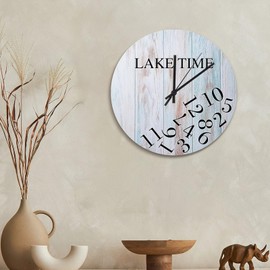 godblessign Beach Wood Grain Wall Clock Lake Time Large Wall Clocks Battery Operated 15 Inch Quiet Non-Ticking Farmhouse Modern Wall Decor for Kitchen Living Room Bedroom Office