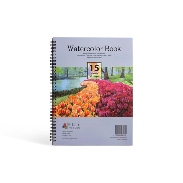 Elan Watercolor Book A4, Italian 100% Cotton Paper, 15 Sheets 300gsm Paper, Watercolour Sketchbook A4, Watercolor Pad Book A4, Art Pad for Painting, Canvas for Watercoloring, Acrylic Paint