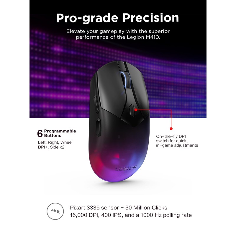 Lenovo Legion M410 Wireless RGB Gaming Mouse – 6 Button