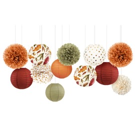 NICROLANDEE Fall Decorations, 12 PCS Orange Maple Leaf Paper Lanterns Tissue Pom Poms for Thanksgiving Day Backdrop Decoration, Fall Wedding, Birthday, Autumn Harvest Party Decor