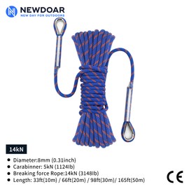 NewDoar 14KN Static Climbing Rope 8mm(5/16in) Accessory Cord Equipment 33FT(10M) 66FT(20M) 98FT(30M) 165FT(50M) Escape Rope with 2 Carabiners for Ice Climbing Equipment Fire Rescue Rope-Blue/10M