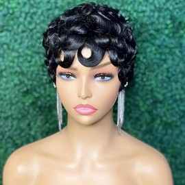 Waveme Human Hair Short Curly Pixie Cut Wigs For Black Women Full Machine Made Glueless Wig None Lace Front Wig Pixie Curly Black 1B