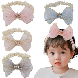Baby Hair Band, Set of 4, Baby Crown, Bowknots, Hair Ornament, Girls, Hair Accessories, Baby Headband, Lace Band, Cute, Elastic Band, Hair Clip, Newborn, Baby Shower, Shrine Visit, Birthday, Wedding,