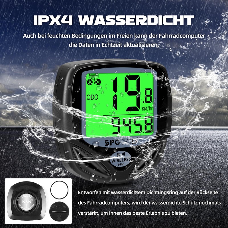 SPGOOD Wireless Bicycle Computer, 19 Functions, IP54 Waterproof, Black