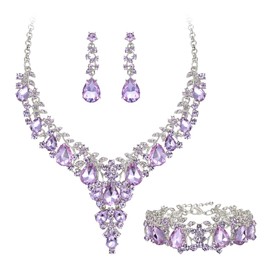 EVER FAITH Banquet Prom Jewelry Set for Women, Elegant Crystal Flower Round Teardrop Statement Necklace Dangle Earrings Bracelet Light Purple Silver-Tone