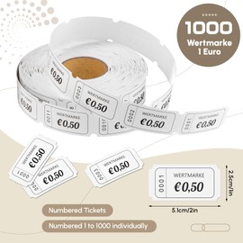 Nezyo Value Tokens Roll 1000 Sheets Perforated Value Tokens Consecutive Number Food Stamps Roll Drinks Marks Roll Demolition Cards for Shops Bar Wedding Party Carnival (White, 0.5 Euro)