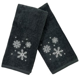 Luxury Holiday Christmas Hand Towel Set, Embroidered Snowflakes and Stars, Velour Terry Cotton, Grey, Set of 2