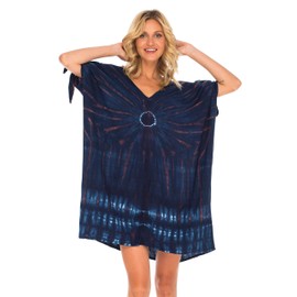 SHU-SHI Vestido de playa para mujer, estilo caftán, holgado, teñido anudado, Azul marino, M-L