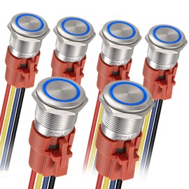 APIELE Latching Push Button Switch 19mm 12V- 24V DC LED SPDT 1NO1NC Stainless Steel Metal Push Button Switch with Pigtail 6PCS (Silver Shell-Blue, 19MM)