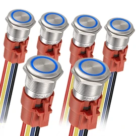 APIELE Latching Push Button Switch 19mm 12V- 24V DC LED SPDT 1NO1NC Stainless Steel Metal Push Button Switch with Pigtail 6PCS (Silver Shell-Blue, 19MM)