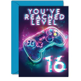 16th Gamer Birthday Cards for Boys Girls - You've Reached Level 16 - Happy 16 Birthday Card for Son Daughter Nephew Niece Grandson, 5x7 Inch Sixteen Sixteenth Bday Video Game Greeting Cards