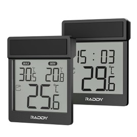 Raddy WT-1 Outdoor Window Thermometer, IP44 Waterproof Indoor Outdoor Temperature Gauge with Clear LCD Display, Max/Min Record, Easy Stick-on Mount, Battery Powered for Home Greenhouse (Black)