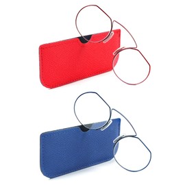 REAVEE 2 Pack Small Armless Reading Glasses for Men Women, Blue Light Blocking Round No Temple Thin Compact Readers with Portable Case, Red and Blue +2.0