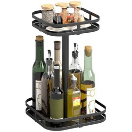 Homcom Spice Rack 2-Tier 360° Rotating Spice Carousel Black | Raised Rims, Standing, Spice Rack, Kitchen Organiser, Spice Holder, Suction Feet, for Kitchen Counter Dining Table