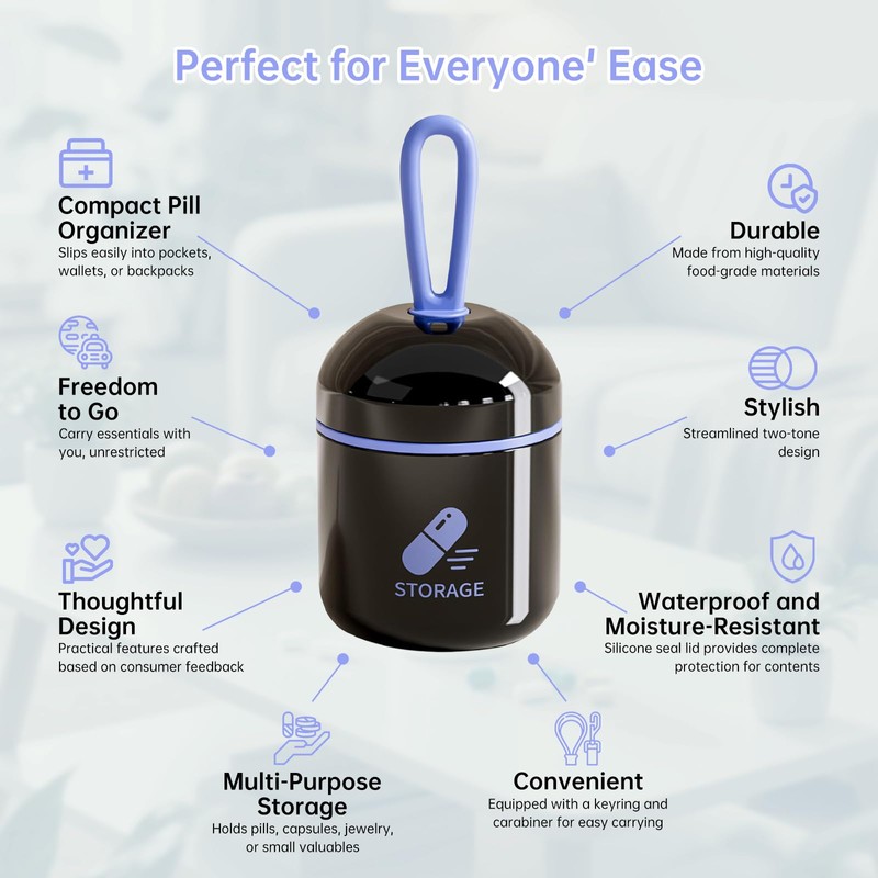 Small Pill Box Case Container Organizer for Purse, Supplement Container,