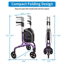 Planetwalk Premium 3 Wheel Rollator Walker for Seniors - Ultra Lightweight Foldable Walker for Elderly, Aluminum Three Wheel Mobility Aid, Dark Purple