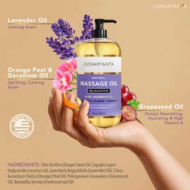 Cosmetasa Lavender Massage Oil for Massage Therapy with Roller - All Natural, Cruelty-Free & Spa Quality Skin Therapy Oil & Soothing Care - Lavender, Geranium & Grapeseed Oil (8.8 oz)