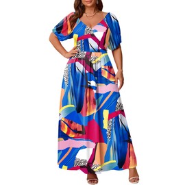 FANDEE Plus Size Maxi Dress for Women Casual V Neck Printed Long Dresses Puff Sleeves Long Beach Dress Multicoloured