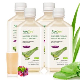 AloeCure USDA Organic Aloe Vera Juice Grape Flavor, Made Within 12 Hours of Harvest - Pure Aloe Juice For Natural Digestive & Immune Support, Naturally Supports Balanced Stomach Acidity, 500ml Bottles:_4 BOTTLES