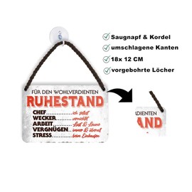 schilderkreis24 Tin Sign Funny Saying "Für den wohlverdienenten Ruhestand" Decorative Gift Idea Man Woman 18 x 12 cm