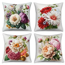 ASDCXZ Pillow Cover Retro Flowers 40x40 cm 4er Set, Retro Flower Leaves Sofa Cushion Covers Washable Polyester Flax Textile Outdoor Upholstery Pillow Cover Cushion Cover