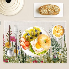 Set of 6 Washable Herbs and Wild Flowers Placemats Non-Slip Heat-Resistant 12x18 Inch Thick Decorative Linen Table Mats for Dining Table Home Décor
