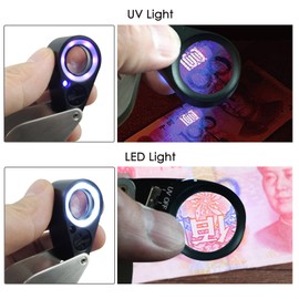 20 lupas plegables de bolsillo iluminadas para joyas, lupa, 21 mm, luz LED y UV, para rocas de ojos, sellos, monedas, relojes, pasatiempos, antigüedades y gemas
