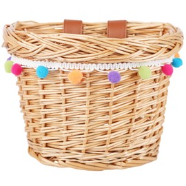 AVASTA Wicker Bicycle Basket for Children 12, 14, 16 Bicycle, Scooter, Tricycle, Supplied with Leather Straps, Size XS, Honey Yellow With Colourful Fur Ball Decoration