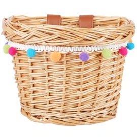 AVASTA Wicker Bicycle Basket for Children 12, 14, 16 Bicycle, Scooter, Tricycle, Supplied with Leather Straps, Size XS, Honey Yellow With Colourful Fur Ball Decoration