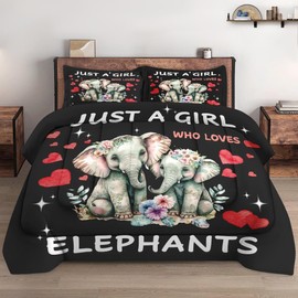 WeCozy Queen Size Comforter Set with 2 Pillowcases, Cute Animal Elephant 3 Pcs Bedding for Kids and Adults, Funny Watercolor Flower Soft Comforter Set for Bedroom Bed Decor
